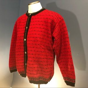 Red wool cardigan Alps fine women’s apparel USA.